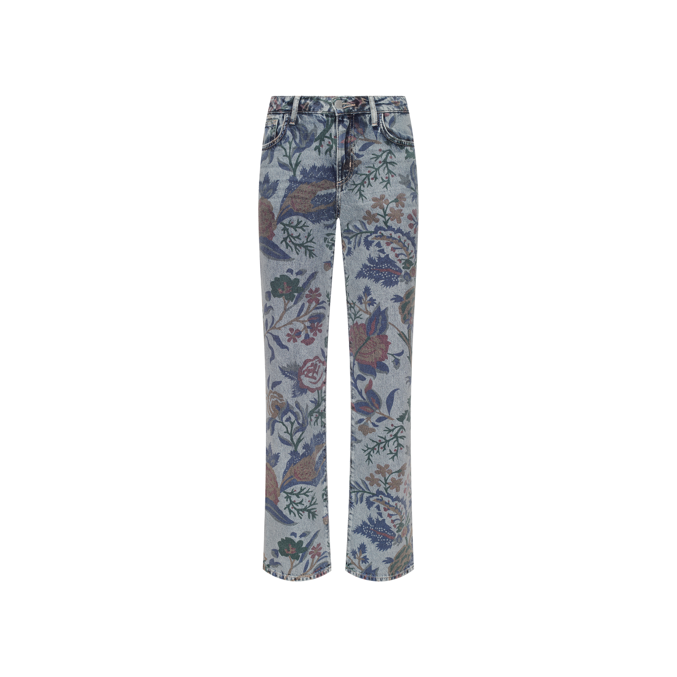 Gianna Stovepipe Jean in light-wash blue denim with a dark, intricate boho floral print.