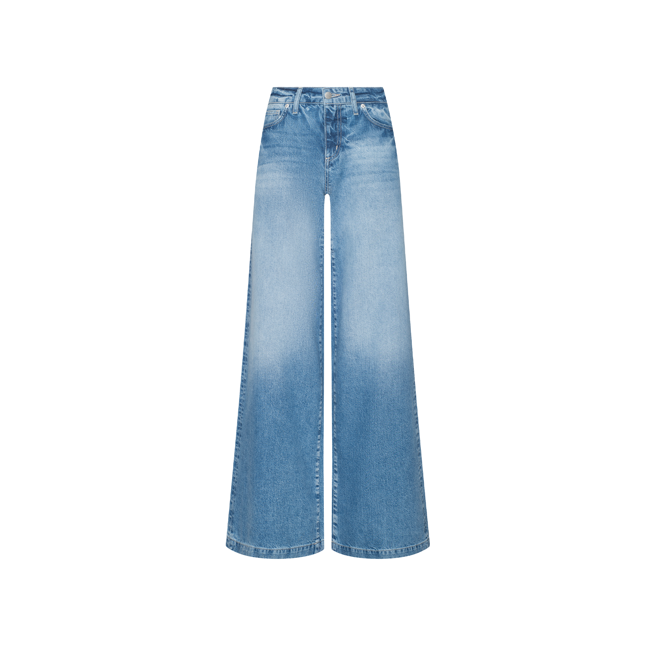 The Mabel Wide-Leg Jean features a high waist and faded blue wash—ideal for a Paris Fashion Week Spring 2027-inspired fashion presentation.