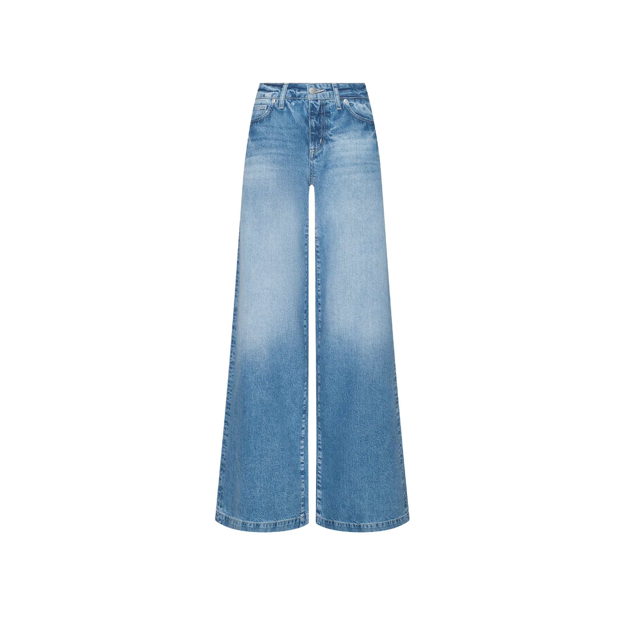 The Mabel Wide-Leg Jean features a high waist and faded blue wash—ideal for a Paris Fashion Week Spring 2027-inspired fashion presentation.