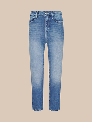 The Avena Slim-Leg Jean is a pair of high rise blue denim jeans with a cropped, straight-leg silhouette, displayed against a plain beige background. These non-stretch jeans feature fading on the thighs and classic five-pocket styling.