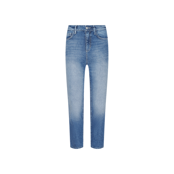 The Avena Slim-Leg Jean is displayed on a plain white background, featuring a blue faded wash, high rise fit, straight legs, front pockets, belt loops, and a button and zipper closure.