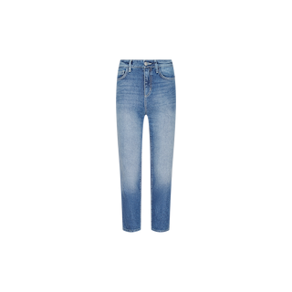 The Avena Slim-Leg Jean is a pair of blue, non-stretch denim jeans featuring a high waist, front pockets, and a subtle faded effect on the thighs and knees, shown against a plain white background.