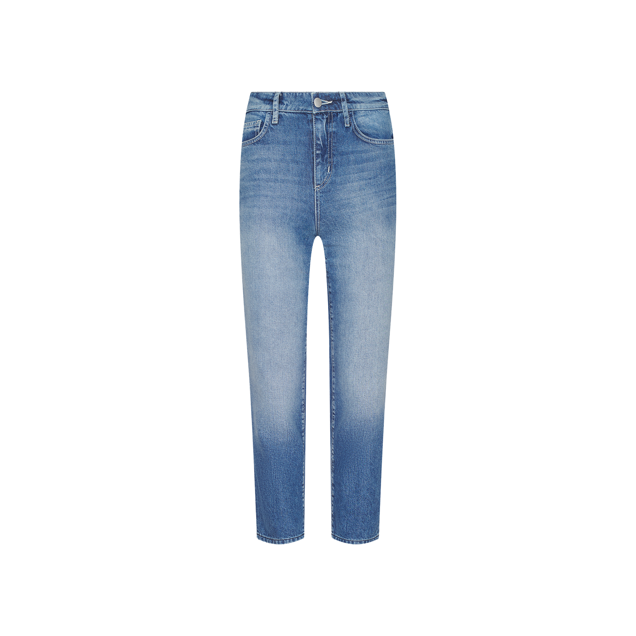 The Avena Slim-Leg Jean is displayed on a plain white background, featuring a blue faded wash, high rise fit, straight legs, front pockets, belt loops, and a button and zipper closure.