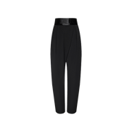 Selorie Cummerbund Pant: Black high-waisted pants with a glossy waistband and pleated front, inspired by Paris Fashion Week, shown on a plain white background.