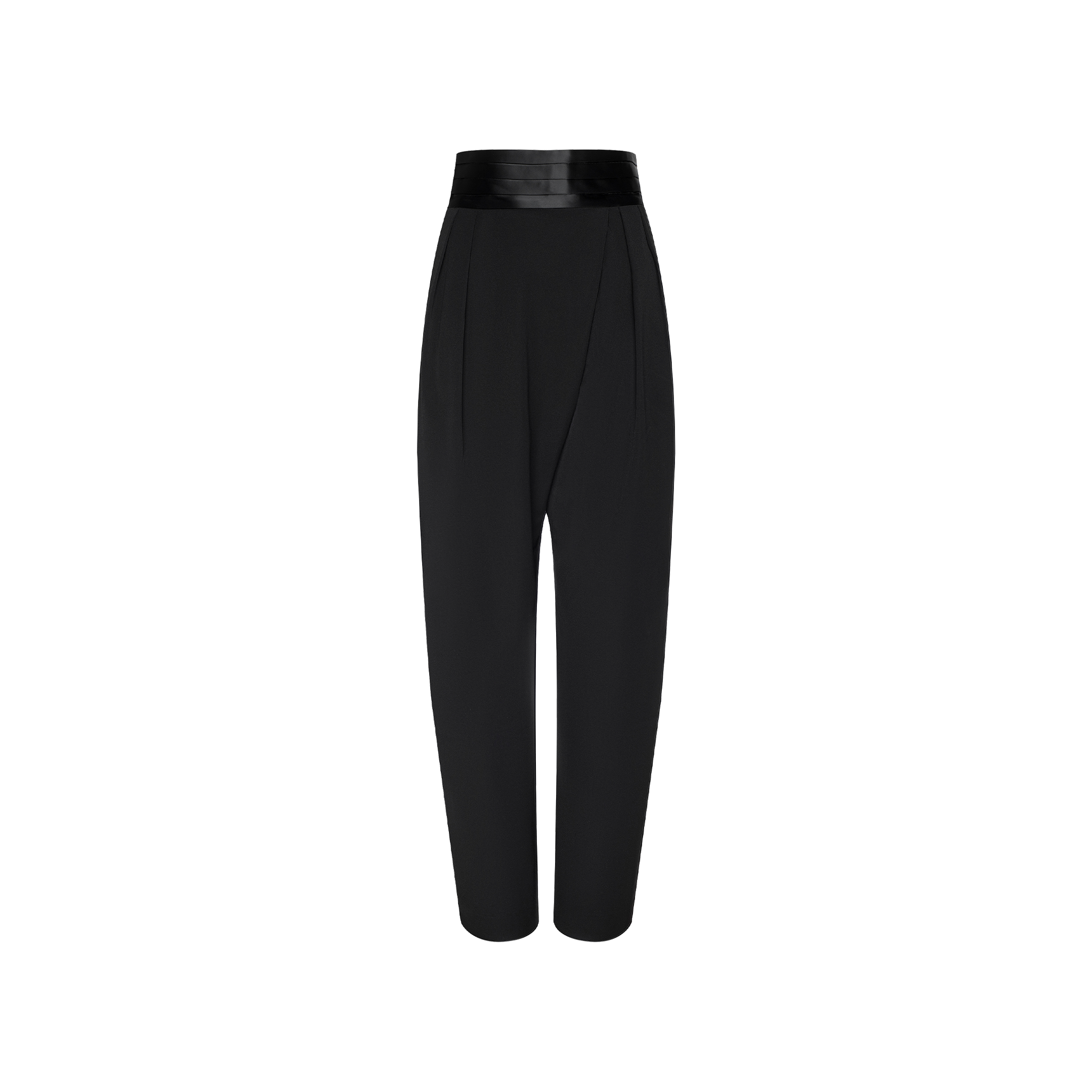 Selorie Cummerbund Pant: Black high-waisted pants with a glossy waistband and pleated front, inspired by Paris Fashion Week, shown on a plain white background.