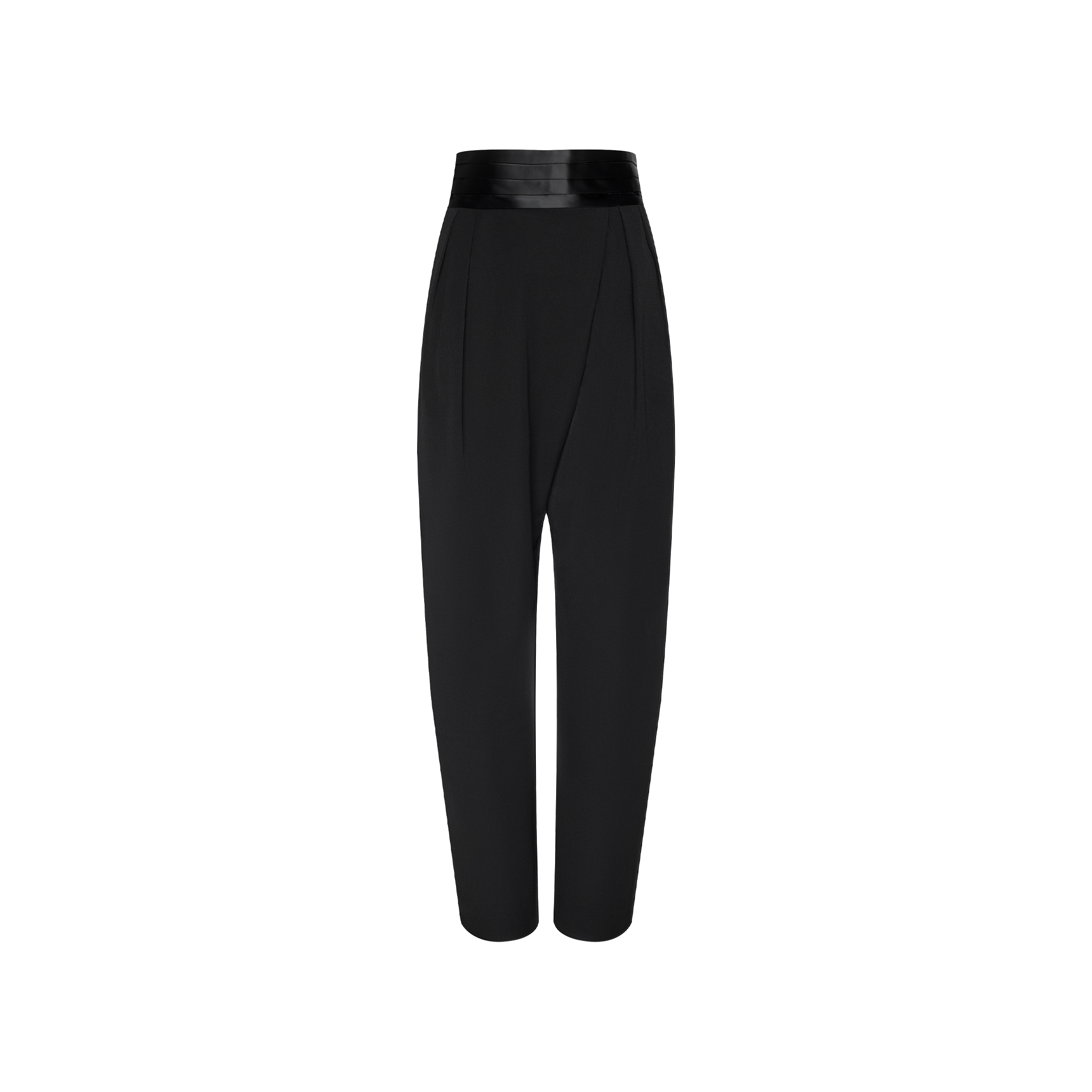 Selorie Cummerbund Pant: Black high-waisted pants with a glossy waistband and pleated front, inspired by Paris Fashion Week, shown on a plain white background.