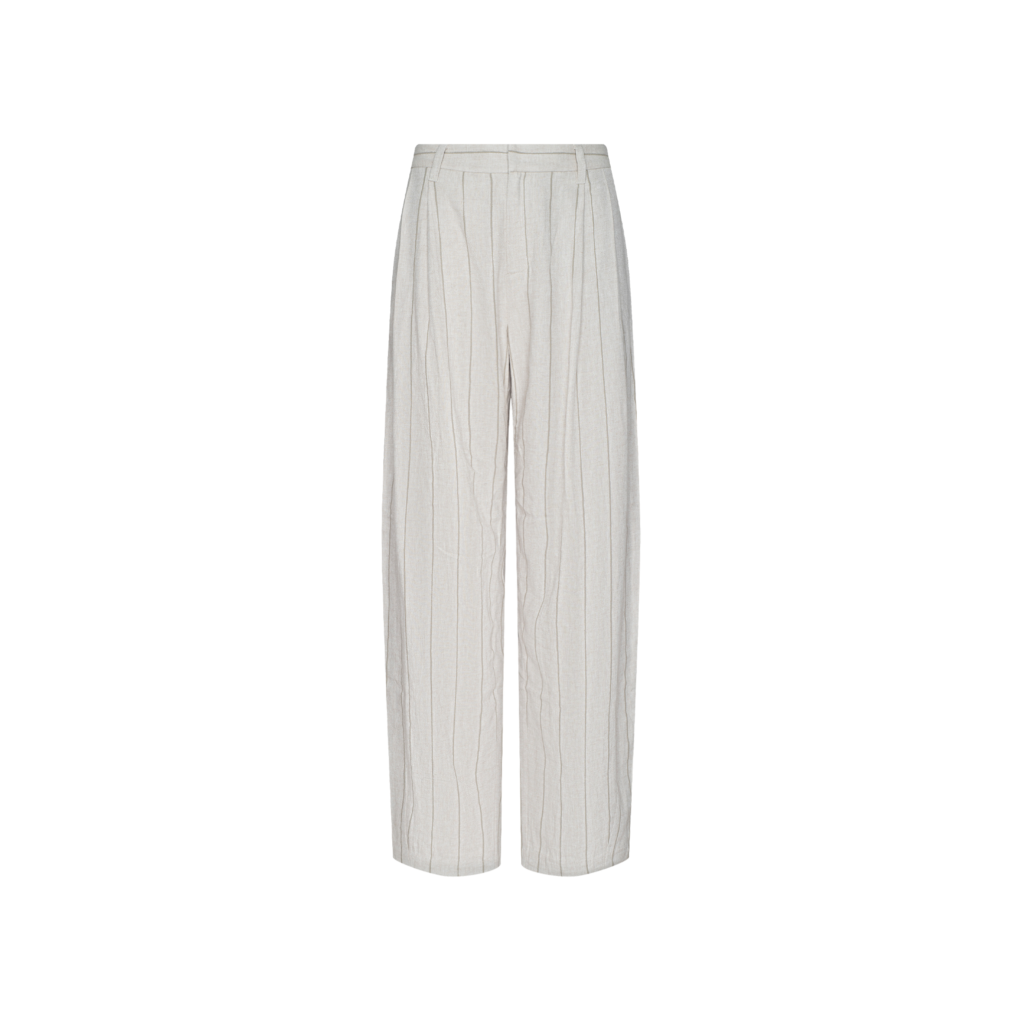 The Lissara Pant features light gray, high-waisted, wide legs with subtle vertical pinstripes, front pleats, and belt loops—styled for Spring 2027 on a plain white background.