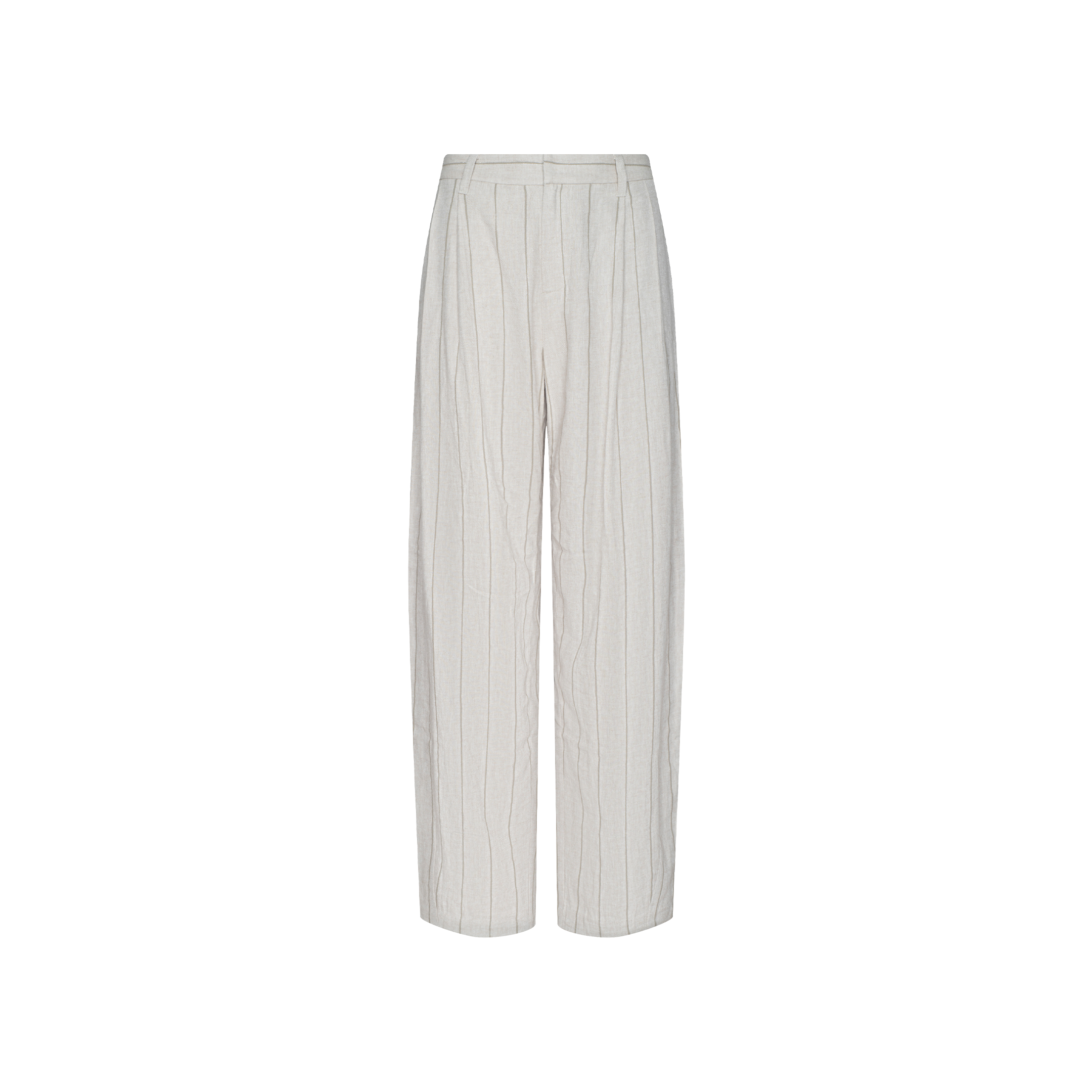 The Lissara Pant features light gray, high-waisted, wide legs with subtle vertical pinstripes, front pleats, and belt loops—styled for Spring 2027 on a plain white background.