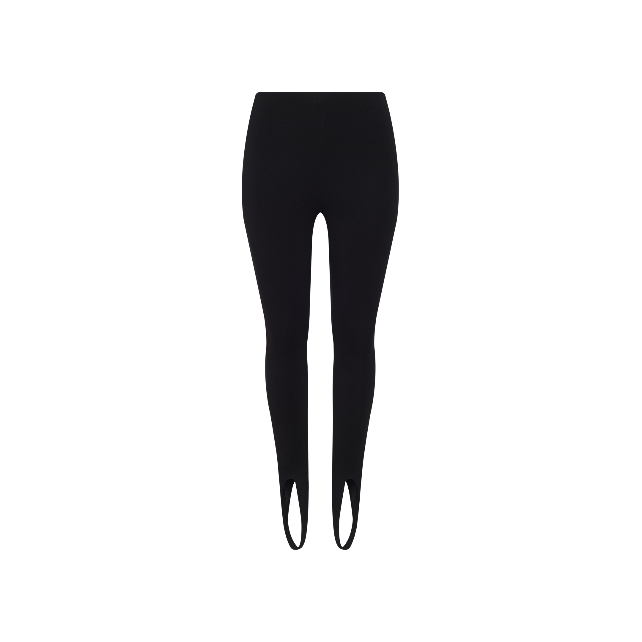 Black high-rise Enid Stirrup Legging in scuba knit with stirrups at the ankles.