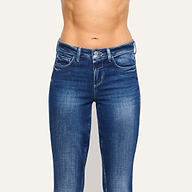 Kezia Bootcut Jean in mid-rise, low-rise stretch denim with a dark wash.