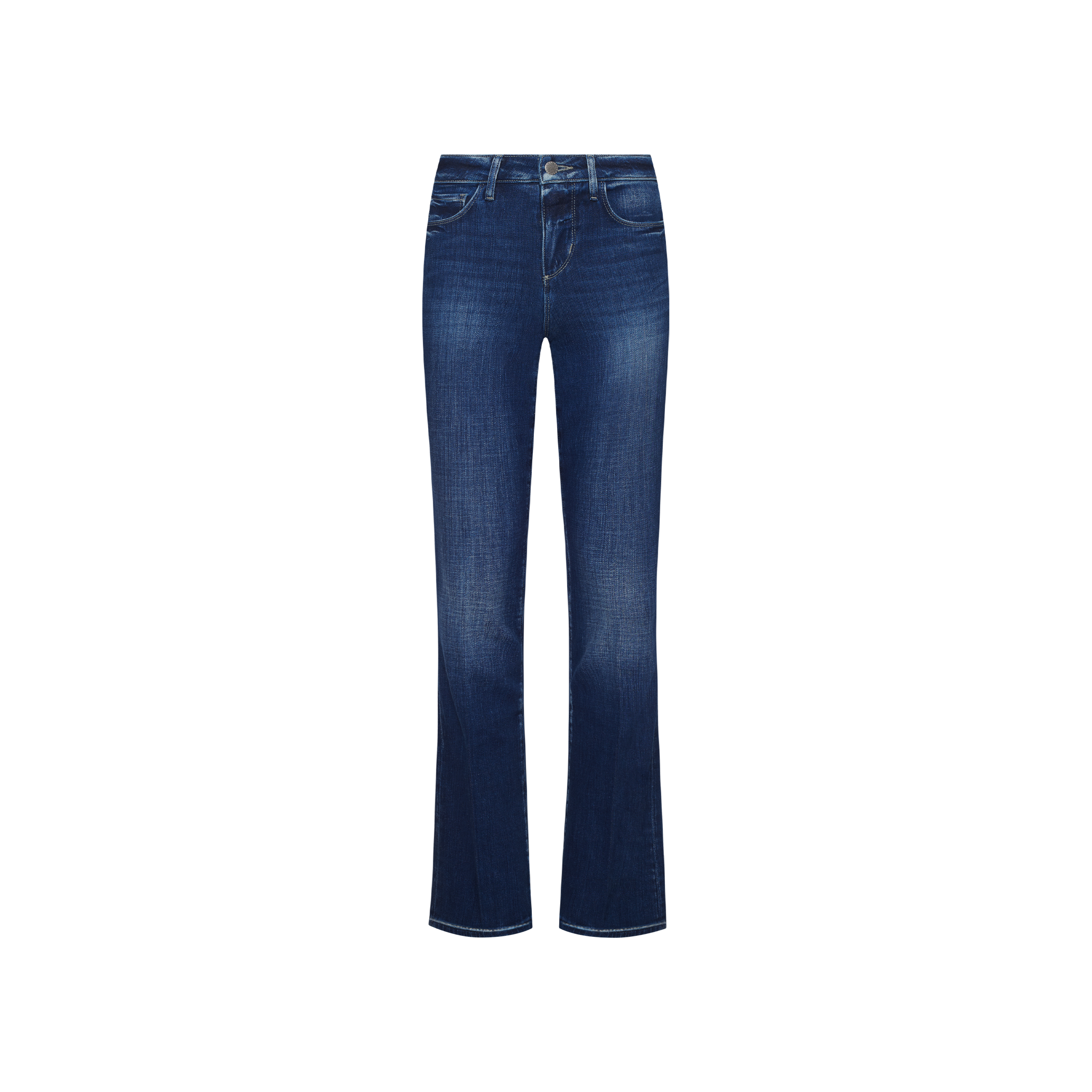 Kezia Bootcut Jean in dark blue stretch denim featuring a low-rise fit and a faded wash.