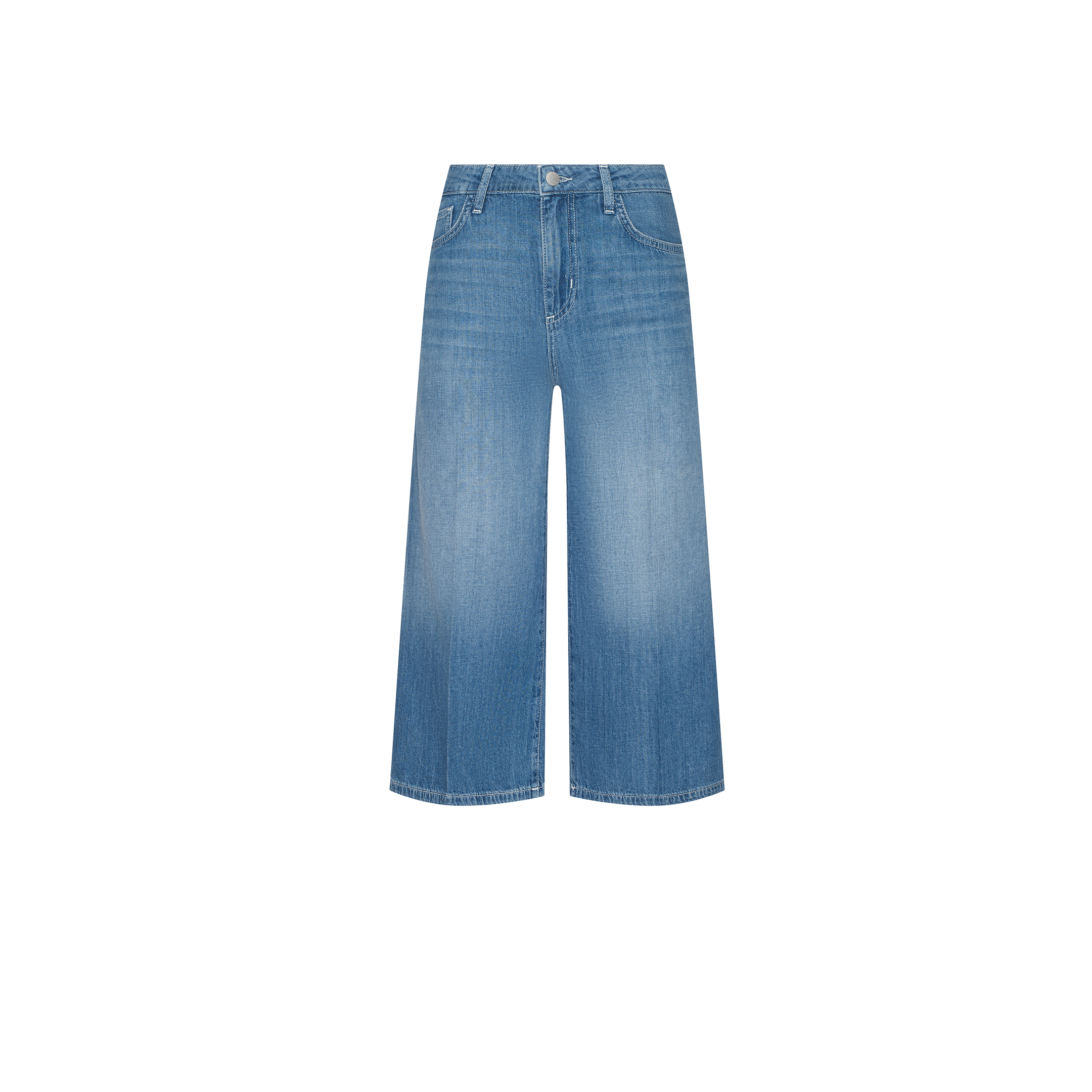 The Etienne Culotte Jean features wide-leg, light blue denim, front pockets, button closure, and subtle thigh fading—highlighted in a Spring 2027 collection inspired by Paris Fashion Week.