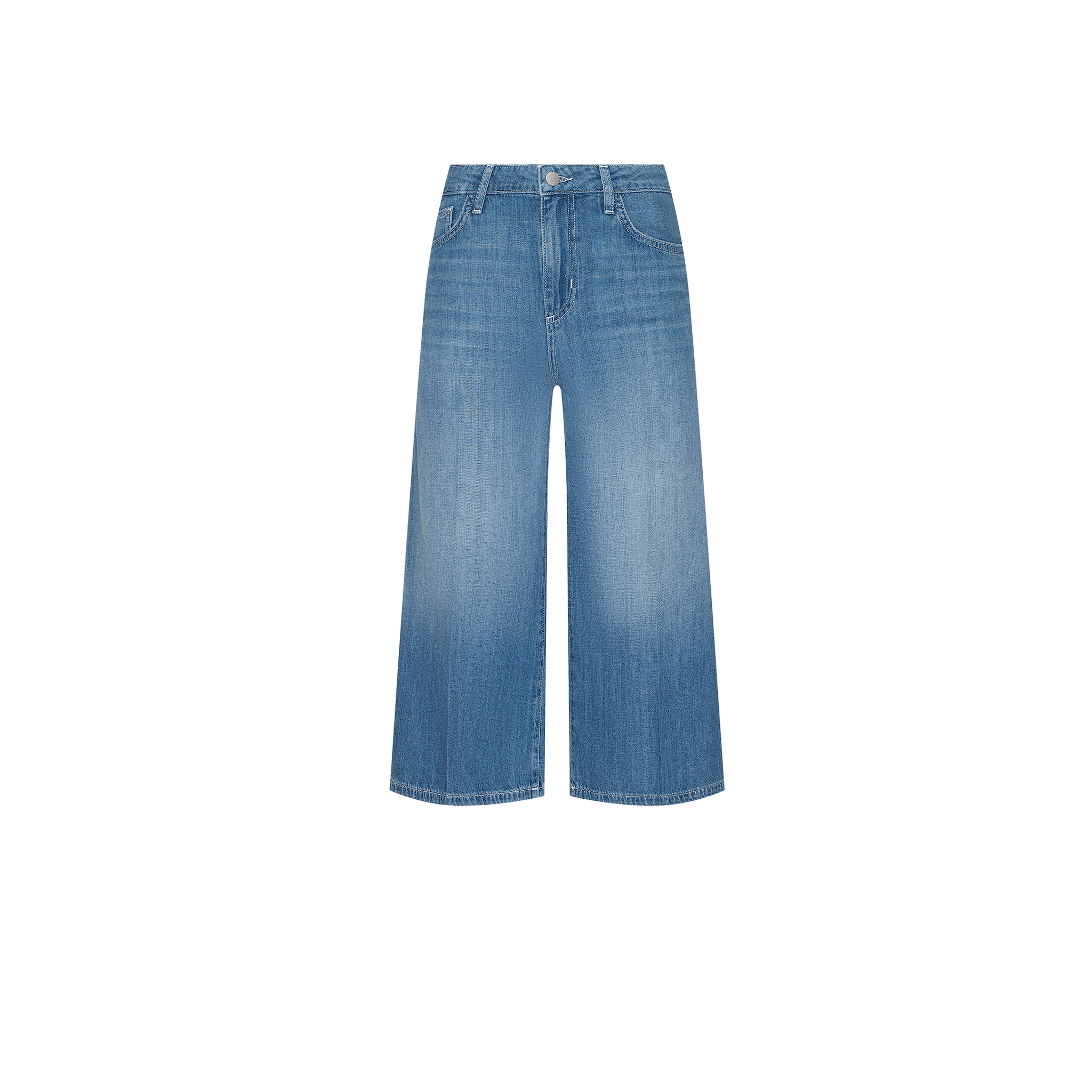 The Etienne Culotte Jean features wide-leg, light blue denim, front pockets, button closure, and subtle thigh fading—highlighted in a Spring 2027 collection inspired by Paris Fashion Week.