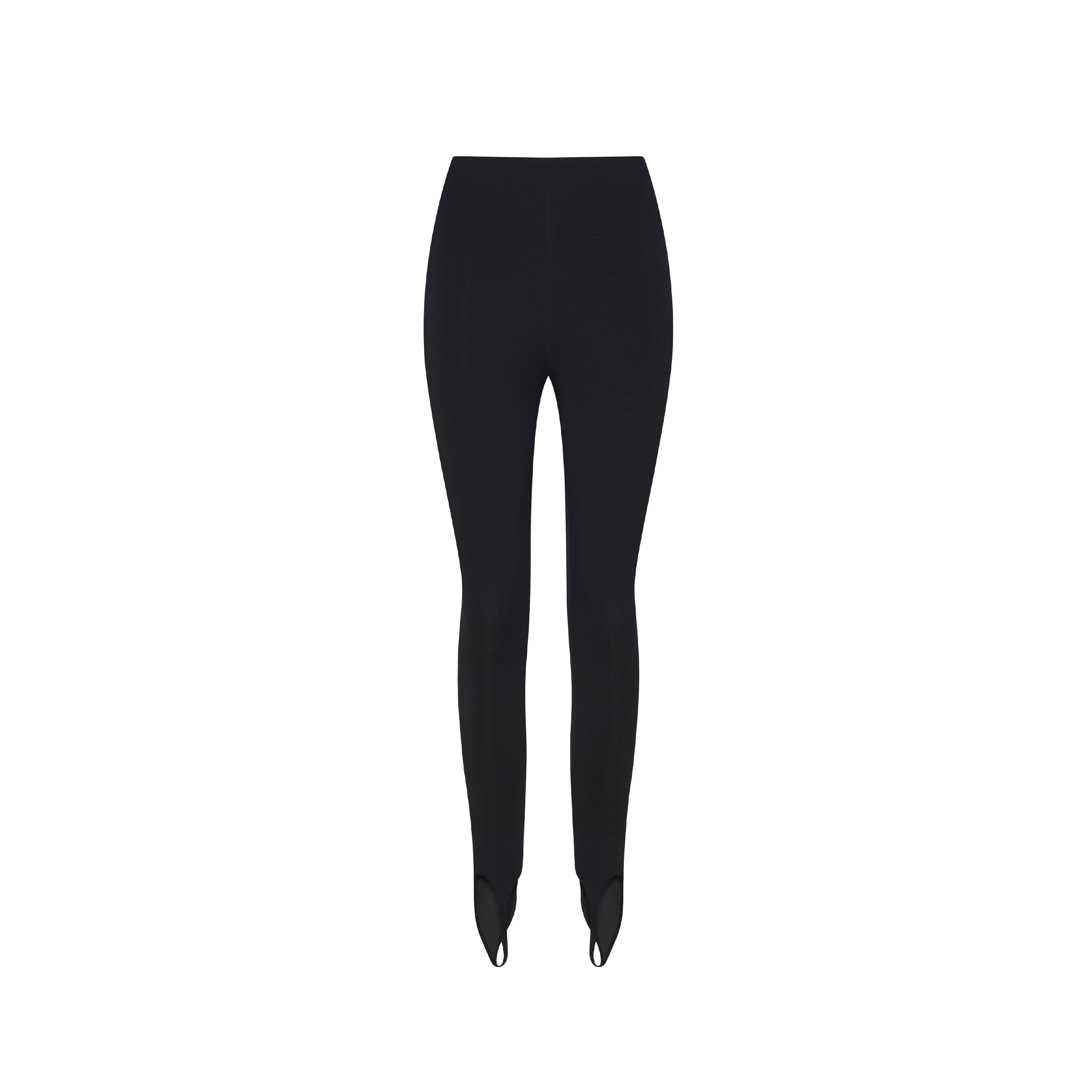 Serenity Stirrup Pant in black, high-waisted with stirrups and a slim fit, shown on a plain white background. Its minimalist design channels Paris Fashion Week style.