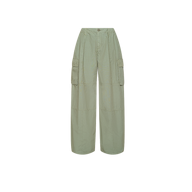 Tobi Cargo Pant in light green features wide-leg design, large side pockets, front button closure, and seam detailing, inspired by Paris Fashion Week Spring 2027. Displayed on a plain white background.