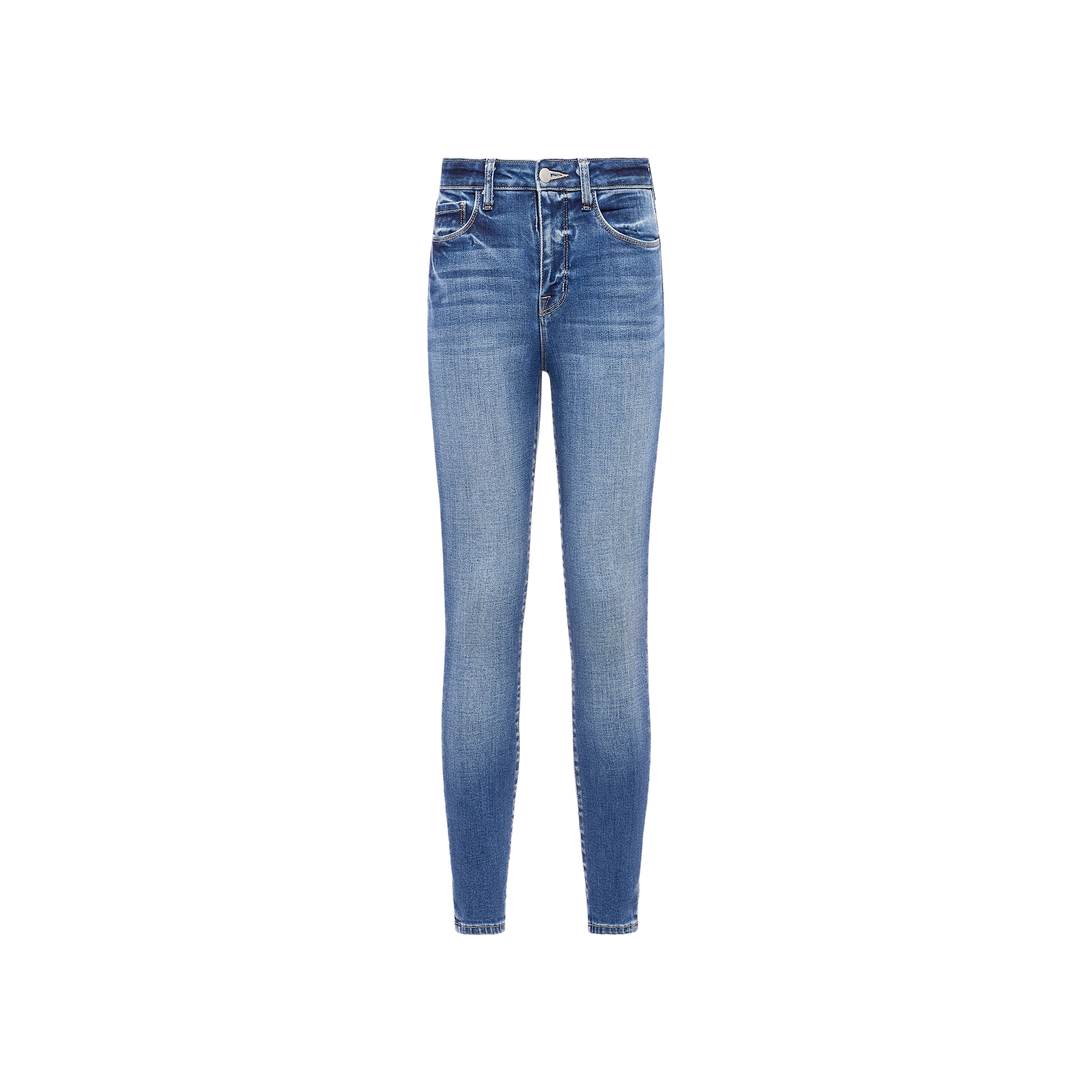 The Margot Cropped Skinny Jean is a pair of blue high-rise skinny jeans featuring a high waist, button and zipper closure, and subtle fading on the thighs, crafted from premium stretch denim. The jeans are displayed on a plain white background.