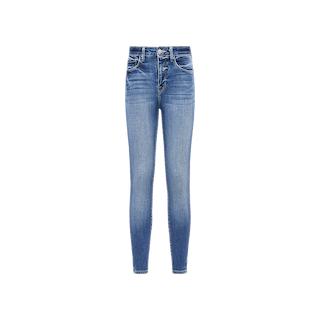 The Margot Cropped Skinny Jean is a pair of blue high-rise skinny jeans made from premium stretch denim, featuring a high waist and front fading, showcased against a plain white background.