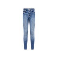 The Margot Cropped Skinny Jean is a pair of blue high-rise skinny jeans featuring a flattering high waist and subtle front fading, crafted from premium stretch denim made with sustainable recycled fiber, displayed against a plain white background.