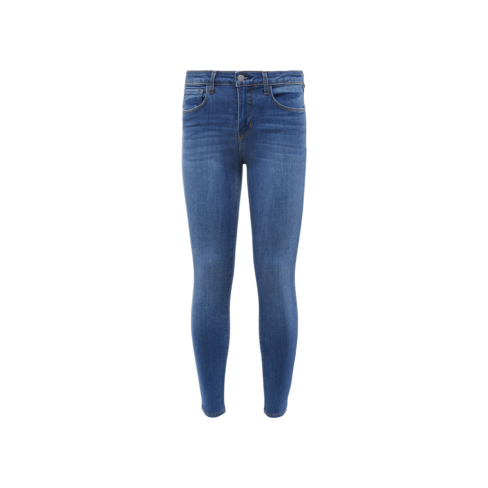 A pair of Margot Cropped Skinny Jeans in blue, crafted from stretch denim with a high-rise fit, featuring a button and zipper closure, front and back pockets, and subtle fading on the thighs, displayed on a plain white background.
