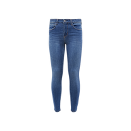 A pair of Margot Cropped Skinny Jeans in blue, crafted from stretch denim with a high-rise fit, featuring a button and zipper closure, front and back pockets, and subtle fading on the thighs, displayed on a plain white background.
