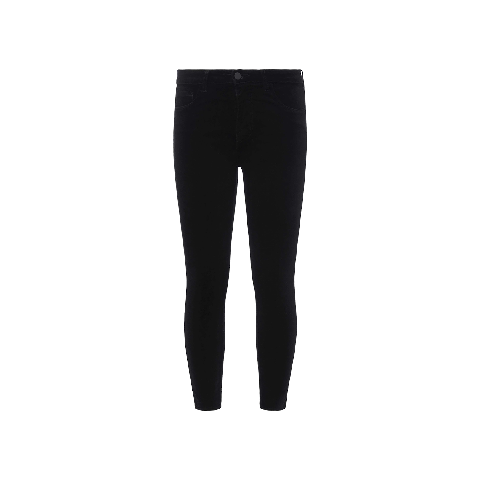 The Margot Cropped Skinny Jean is crafted from stretch denim in a classic black wash, shown on a white background from the front to highlight its button closure and classic five-pocket design. Featuring a high-rise waist and skinny fit, this jean delivers a sleek, modern silhouette.