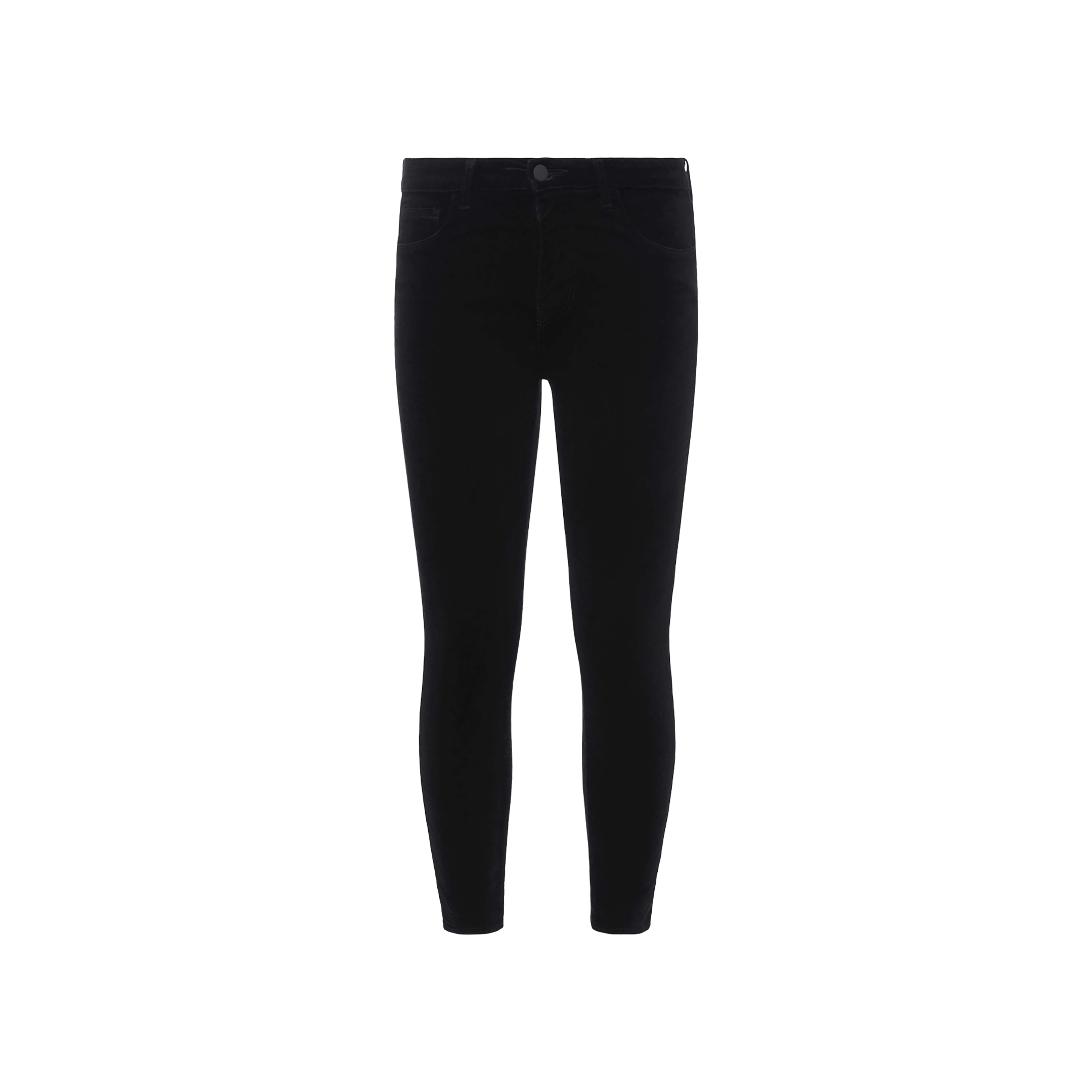 The Margot Cropped Skinny Jean is crafted from stretch denim in a classic black wash, shown on a white background from the front to highlight its button closure and classic five-pocket design. Featuring a high-rise waist and skinny fit, this jean delivers a sleek, modern silhouette.