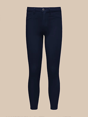 The Margot Coated Cropped Skinny Jean features a contoured waistband, button and zipper closure, front and back pockets, and a tapered leg in dark navy, displayed against a beige background.