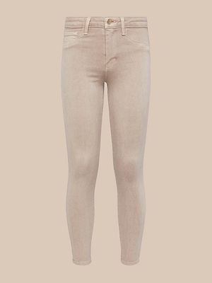 The Margot Cropped Skinny Jean in light beige features a high-rise contoured waistband, button and zip closure, front and back pockets, shown against a plain beige background.