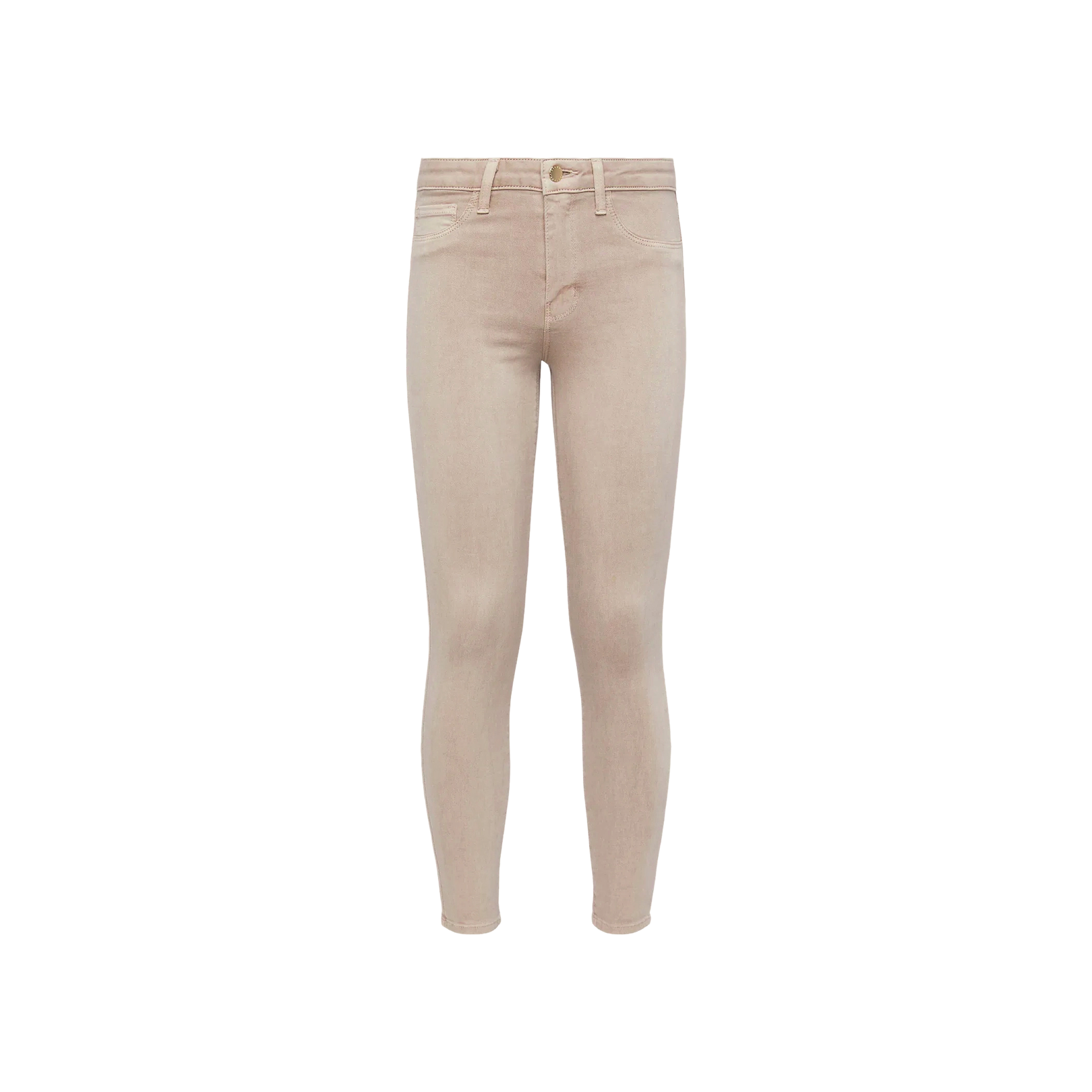 Margot Cropped Skinny Jean in light pink high-rise stretch denim, designed with a contoured waistband, button and zipper closure, and front and back pockets, shown against a plain white background.
