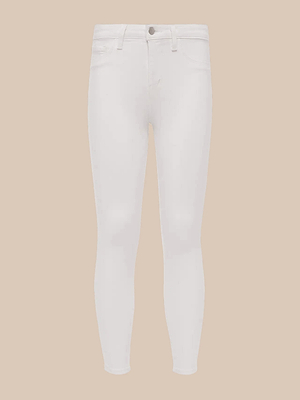 The Margot Cropped Skinny Jean is a white high-rise style made from stretch denim with button and zip closure, front and back pockets, shown against a beige background.