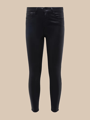 The Margot Coated Cropped Skinny Jean is a pair of black, ankle-length skinny jeans with a high waist, contoured waistband, front pockets, and premium stretch denim, displayed against a beige background.