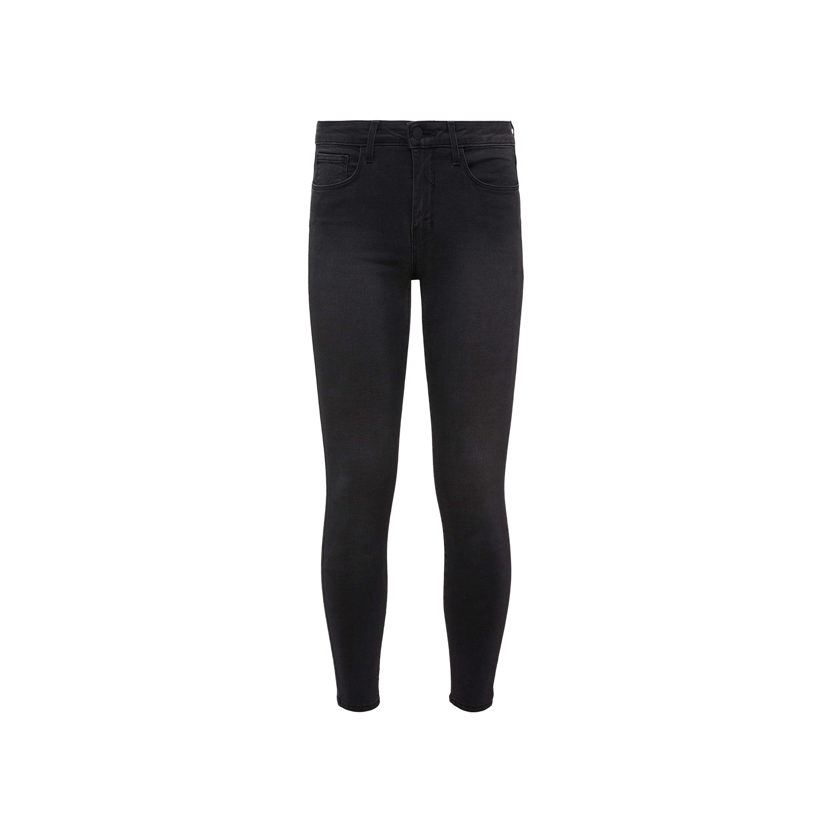 The Margot Cropped Skinny Jean is a pair of black high-rise skinny jeans featuring a contoured waistband, front and back pockets, and a classic five-pocket design, crafted from stretch denim and displayed on a plain white background.
