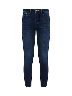 The Margot Cropped Skinny Jean by L'AGENCE is a dark blue high-rise stretch denim with subtle thigh fading, button and zip closure, front and back pockets, shown against a white background.