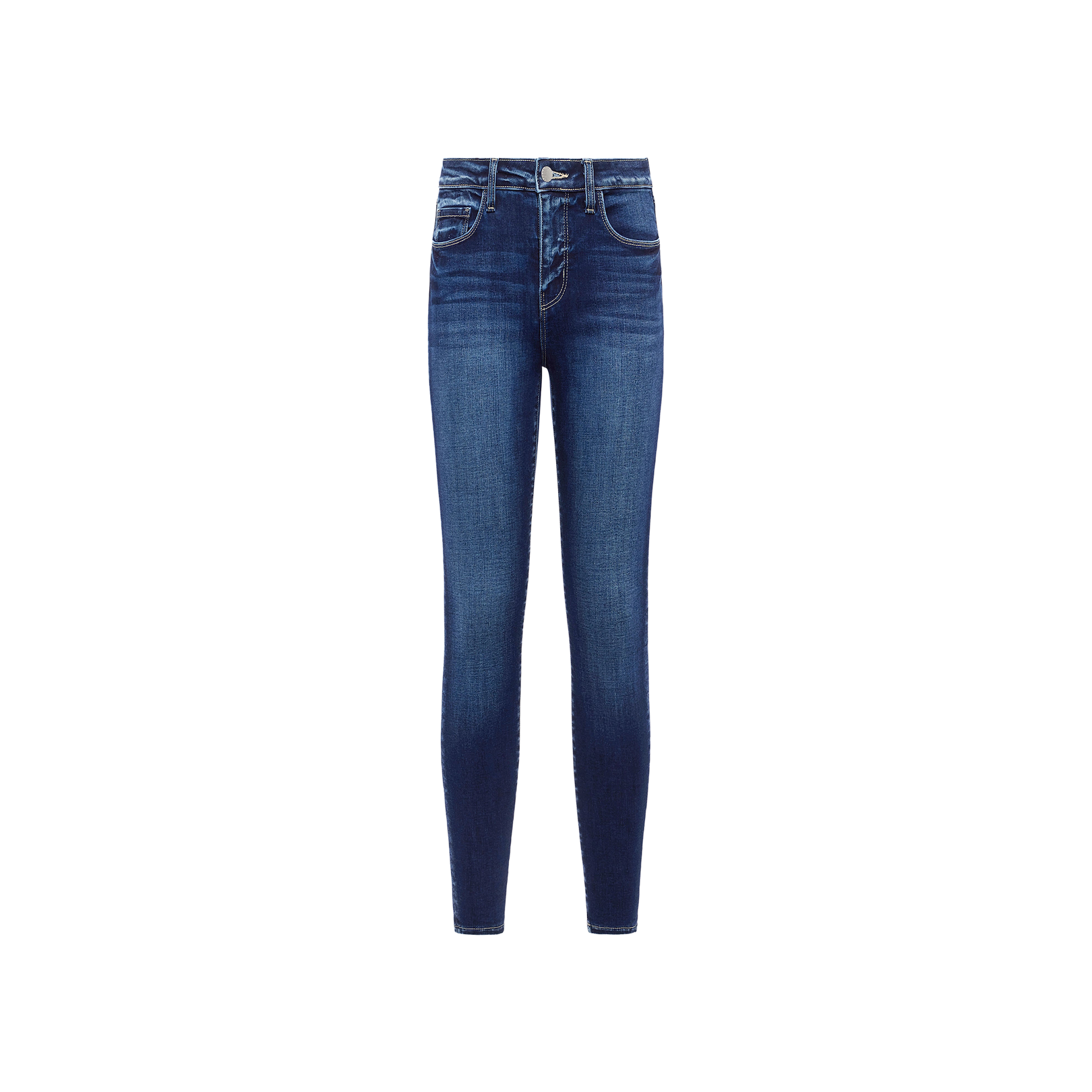 The Margot Cropped Skinny Jean is a pair of high-rise skinny jeans made from premium stretch denim, featuring a button and zipper closure, front and back pockets, and subtle fading on the thighs and knees, displayed against a plain white background.