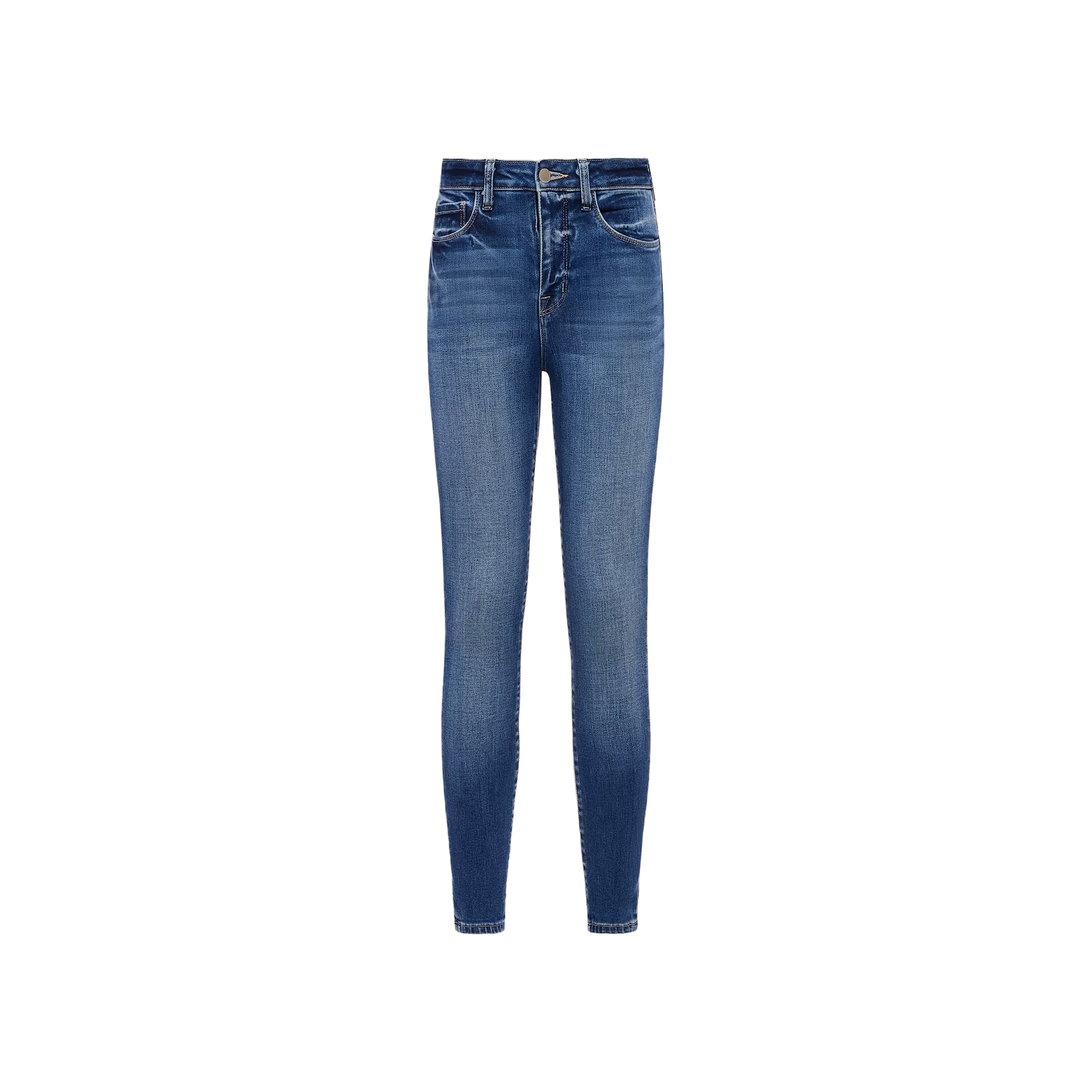 The Marguerite Skinny Jean is made from blue stretch denim and features a high-rise waist, front and back pockets, and a button-and-zipper closure, displayed on a plain white background.