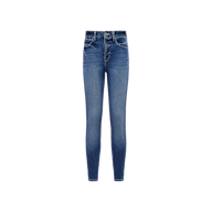 The Marguerite Skinny Jean is made from blue stretch denim and features a high-rise waist, front and back pockets, and a button-and-zipper closure, displayed on a plain white background.