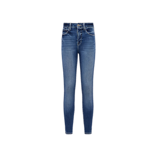 The Marguerite Skinny Jean is made from blue stretch denim and features a high-rise waist, front and back pockets, and a button-and-zipper closure, displayed on a plain white background.
