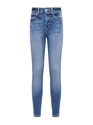 The Marguerite Skinny Jean by L'AGENCE is a pair of blue, high-rise skinny-fit jeans crafted from stretch denim with front button and zipper closure, classic five-pocket styling, and subtle fading and whiskering for a worn-in look.
