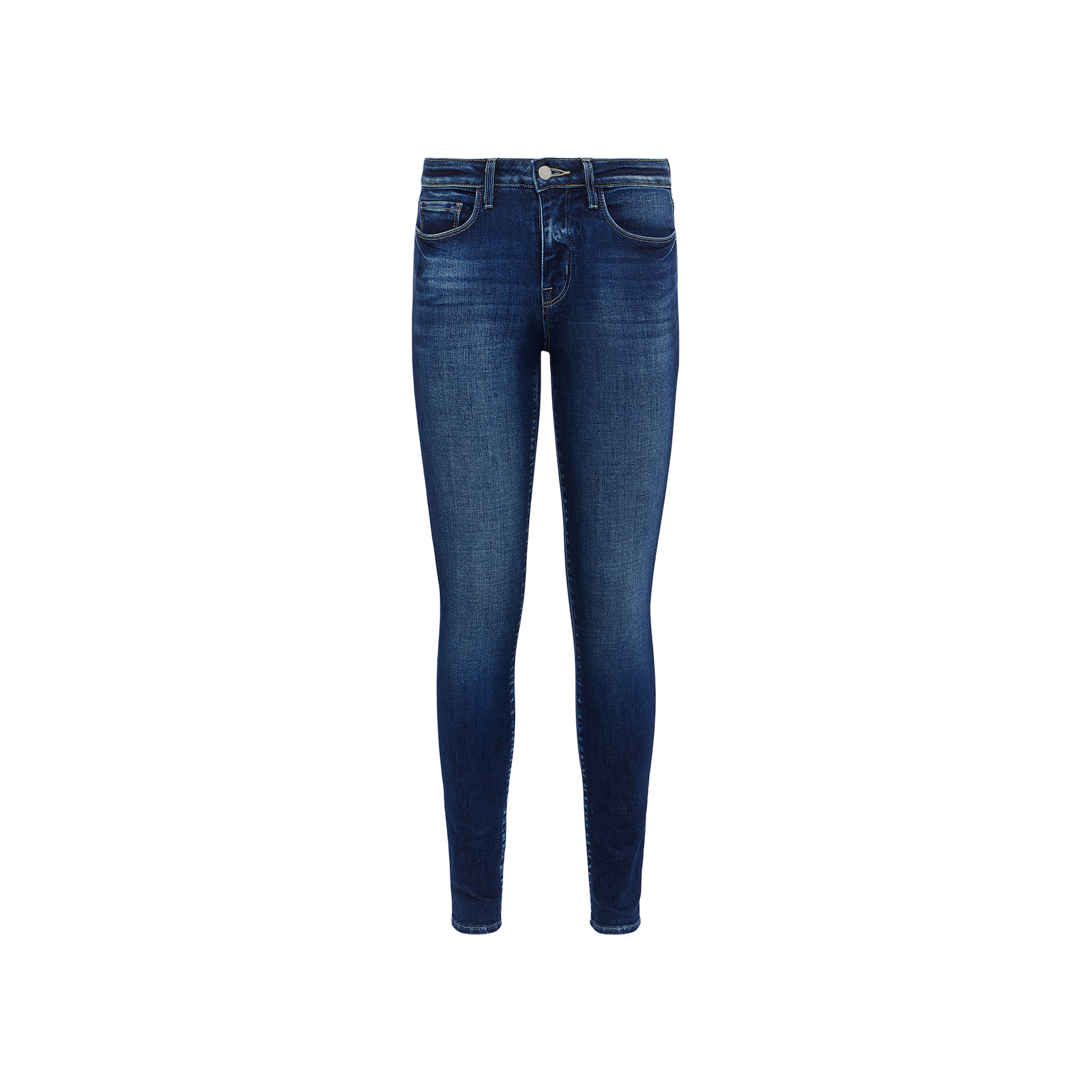 The Marguerite Skinny Jean is a pair of high-rise blue skinny jeans made from stretch denim, showcasing a faded wash, front pockets, belt loops, and a button-zip closure, displayed on a plain white background.