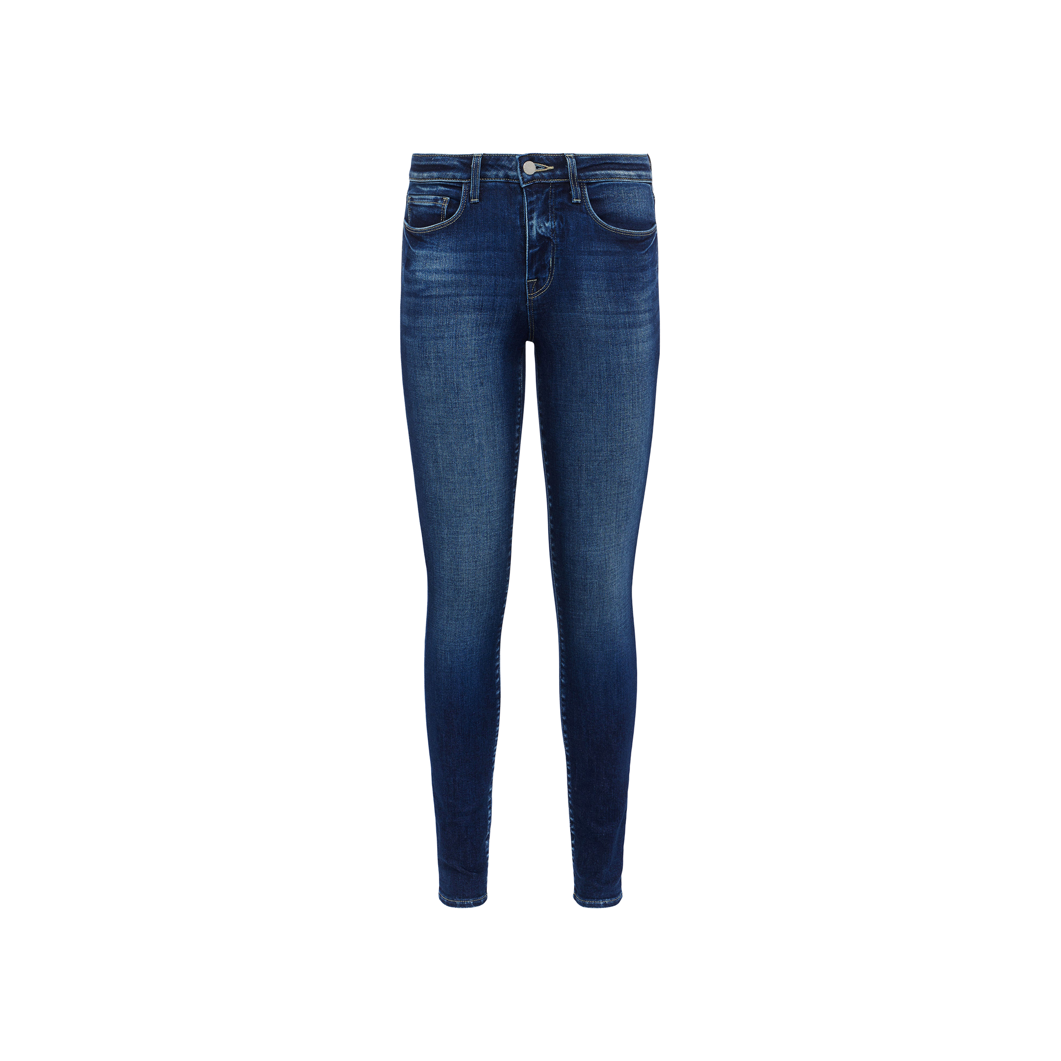 Marguerite Skinny Jean in blue, showcased against a plain white background. This high-rise skinny jean features front and back pockets, a button and zipper closure, and faded detailing on the thighs and knees. Crafted from premium stretch denim for enhanced comfort and flexibility.