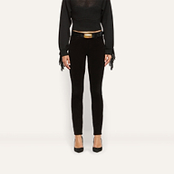 Marguerite Corduroy Skinny Pant in black, featuring a high-rise skinny fit and a black belt with a gold buckle.
