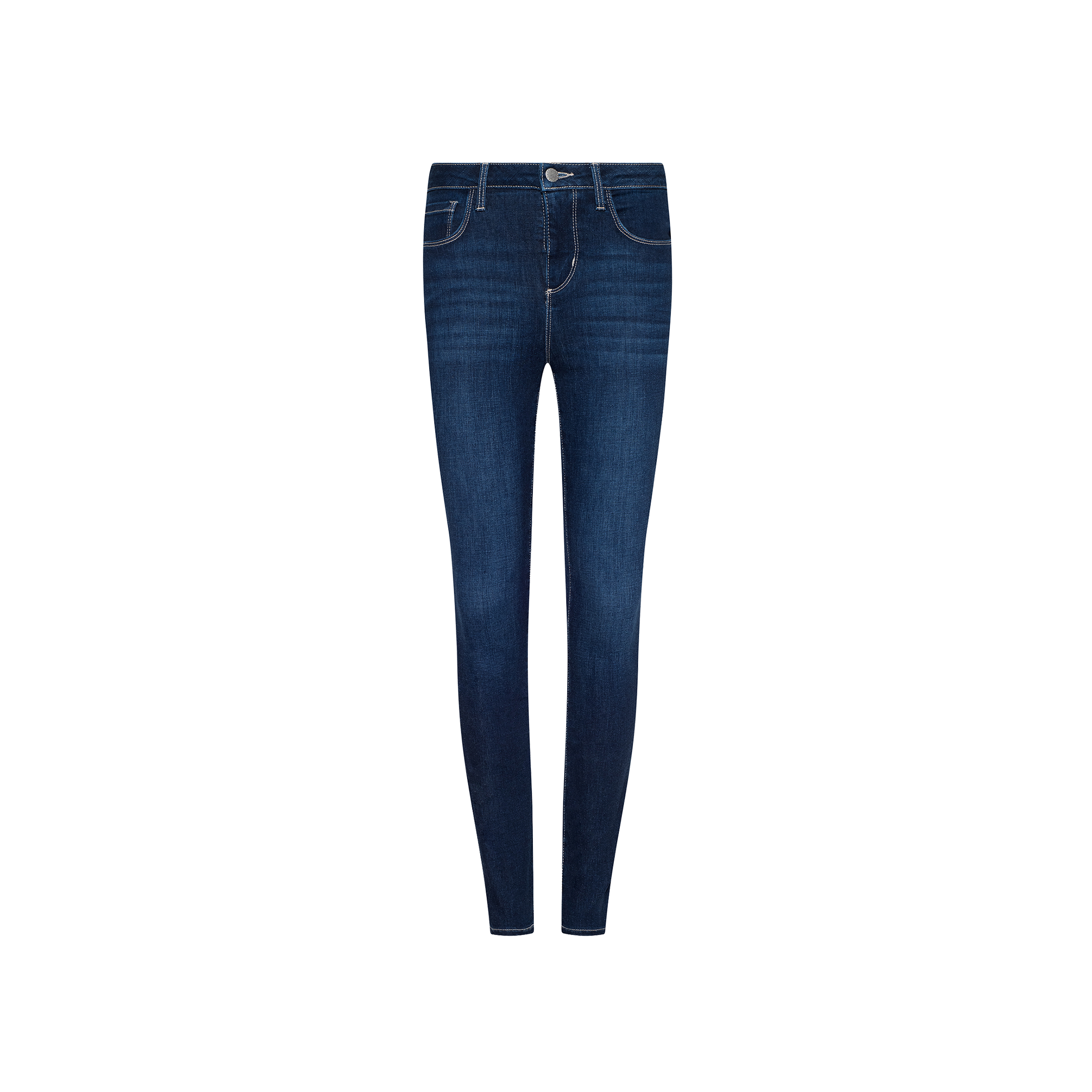 Marguerite Skinny Jean in dark blue high rise stretch denim, featuring white stitching, front pockets, and a button closure, displayed against a plain white background.