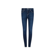Marguerite Skinny Jean in dark blue high rise stretch denim, featuring white stitching, front pockets, and a button closure, displayed against a plain white background.