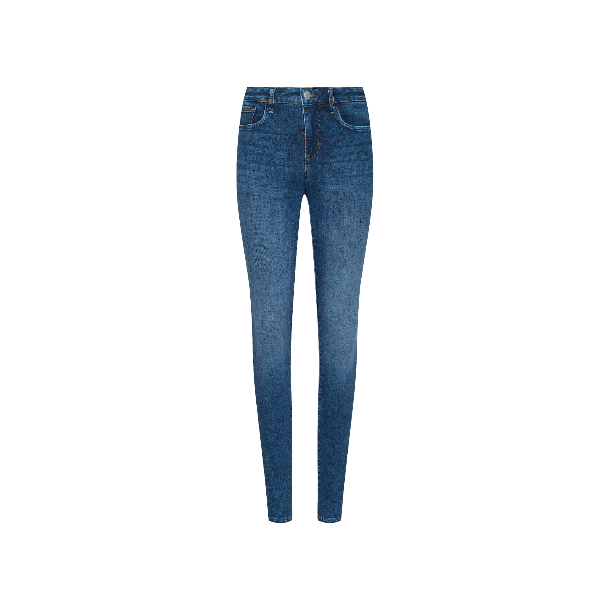 The Marguerite Skinny Jean in blue features a classic five-pocket design inspired by Spring 2027 fashion, shown on a plain white background.