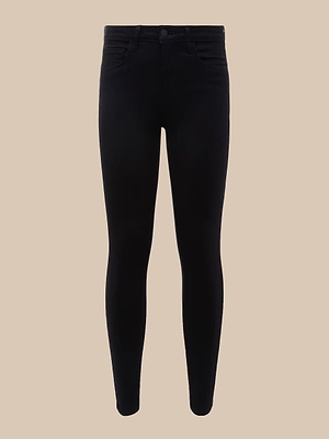 The Marguerite Skinny Jean, crafted from high-recovery black fabric, features a button and zip closure with front and back pockets, shown on a plain beige background.