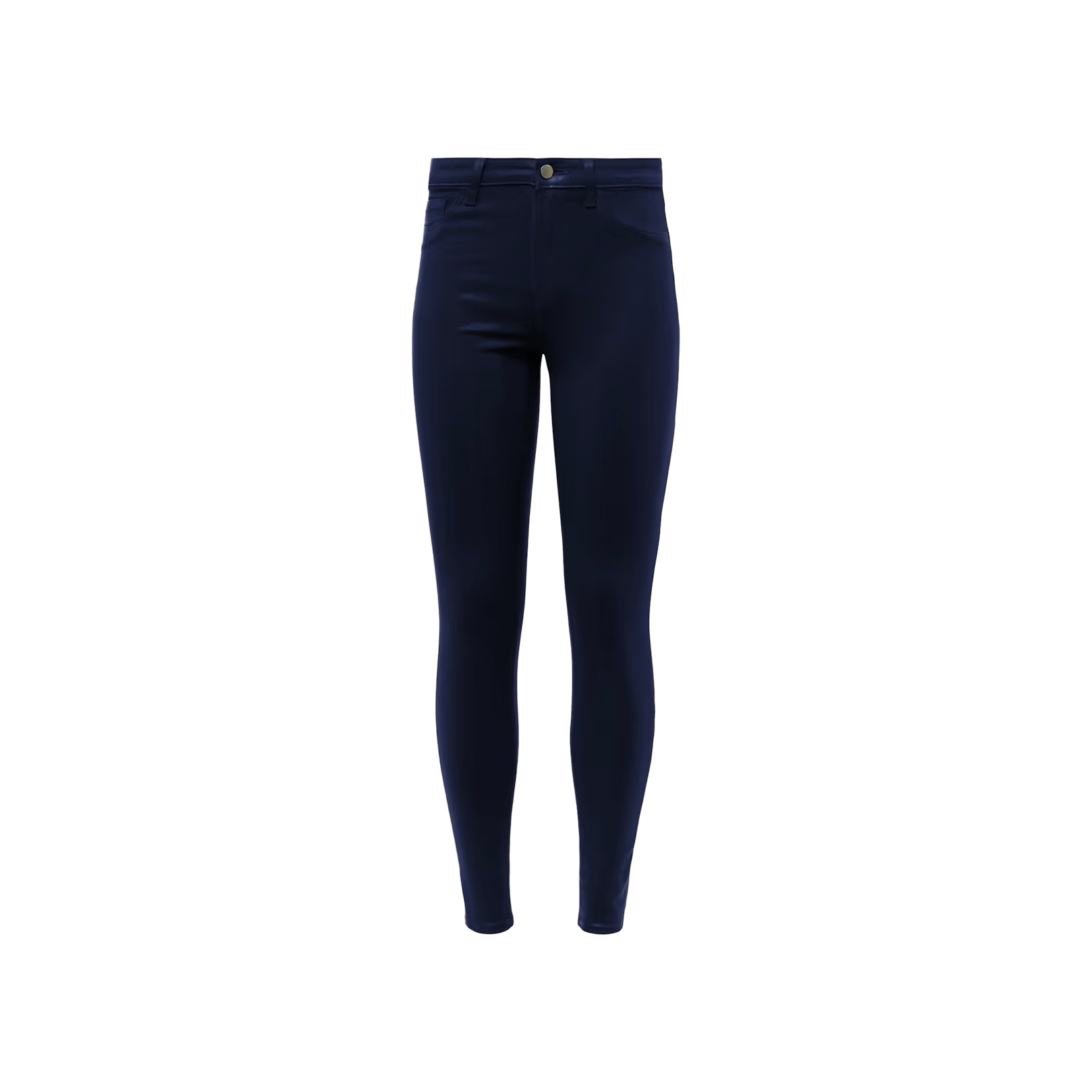 A pair of Marguerite Coated Skinny Jeans in dark blue, displayed on a plain white background, showing the front view with a button and zip closure, front pockets, and a flattering tapered leg crafted from stretch denim for all-day comfort.