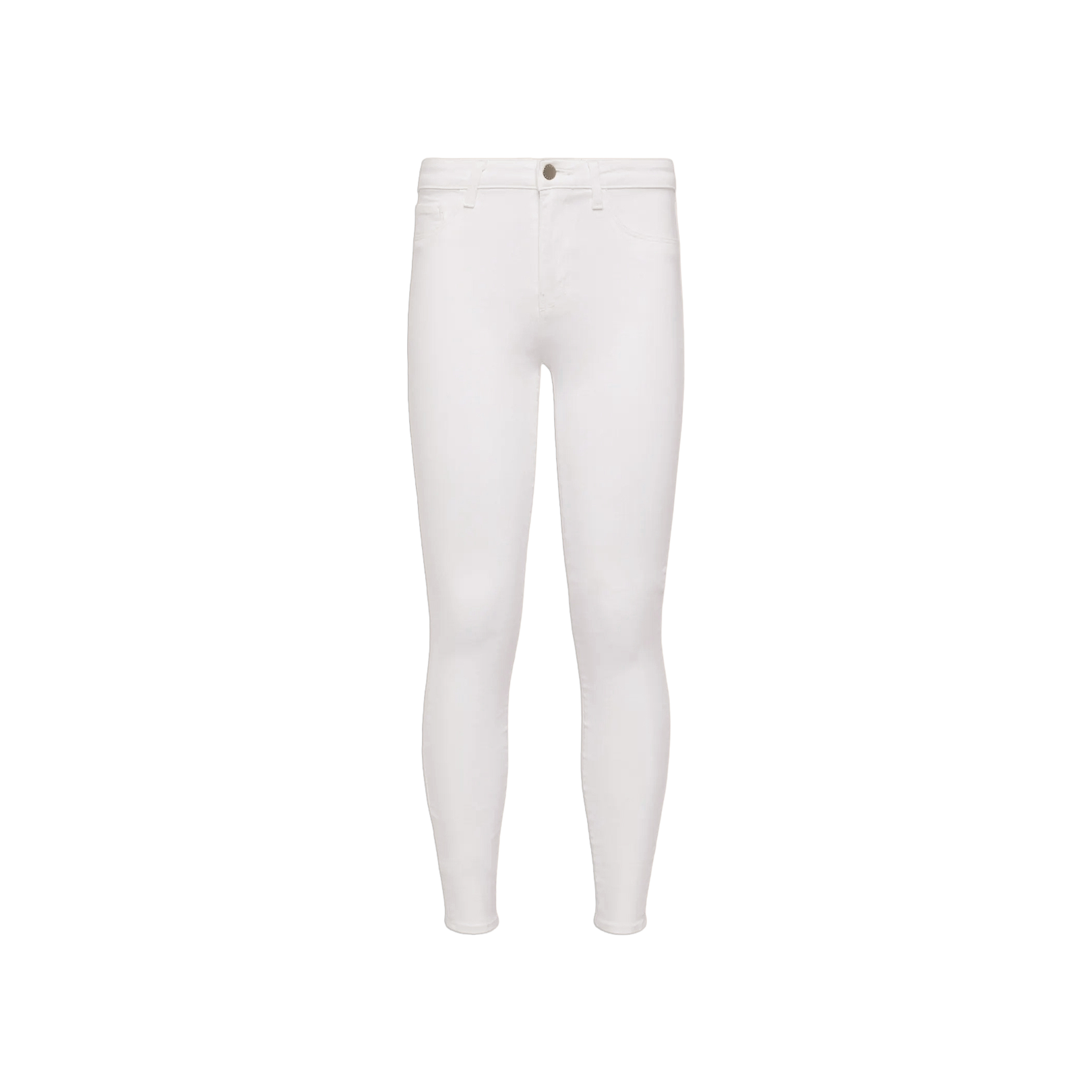 The Marguerite Skinny Jean, crafted from high-recovery fabric in crisp white, features a button and zip closure with functional front and back pockets, displayed on a plain white background.