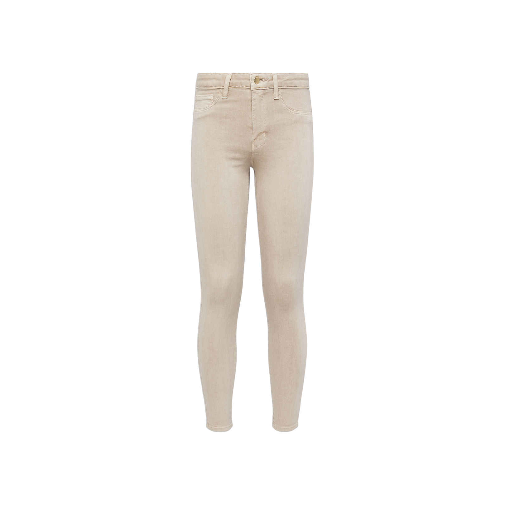 The Marguerite Skinny Jean is a pair of high-waisted, light beige skinny jeans with a long inseam, shown against a plain white background. Designed with front and back pockets, a button closure, and belt loops, these jeans are crafted from high-recovery fabric that flatters your shape while maintaining its fit.