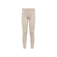 The Marguerite Skinny Jean is displayed on a plain white background, shown from the front to highlight its pockets, belt loops, and button closure. Made from high-recovery fabric, these beige jeans feature a tapered leg for a sleek silhouette.