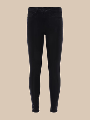 The Marguerite Coated Skinny Jean features a classic five-pocket design, stretch denim for comfort, and front button and zip closure, shown flat on a beige background.